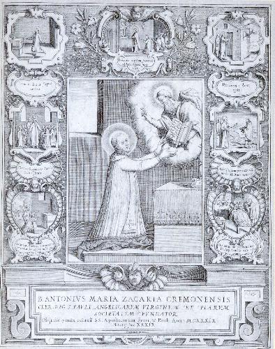 La pi antica raffigurazione di Antonio M. Zaccaria, venerato con il titolo di beatto. Nella cornice, episodi della sua vita (Incisione di C. Bassano, 1615).
